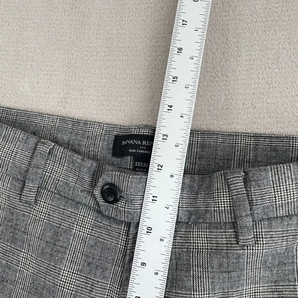 Banana Republic Plaid Grayson Pants Men 34x27‎ (Tag 33) Grey Slim Tapered Fit